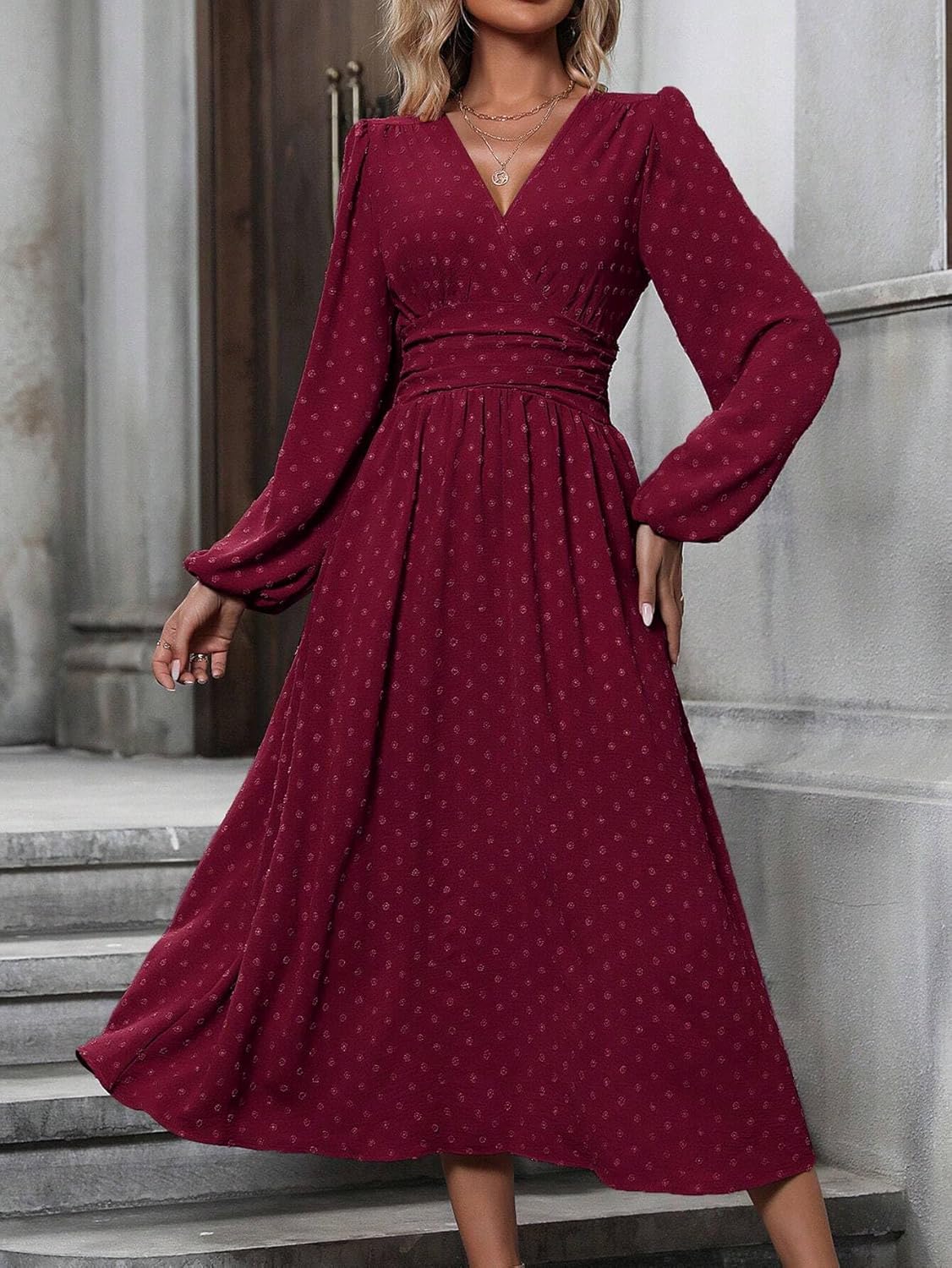 Aurélie Robe Élégante Femme – Robe Midi à Col V, Taille Haute et Manches Longues