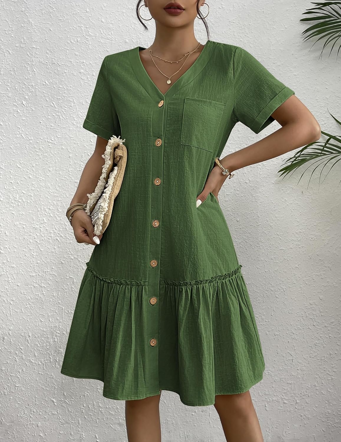 Robe Tianka Mulher – Algodão & Linho, Decote em V & Corte Largo com Botões Verão Elegante