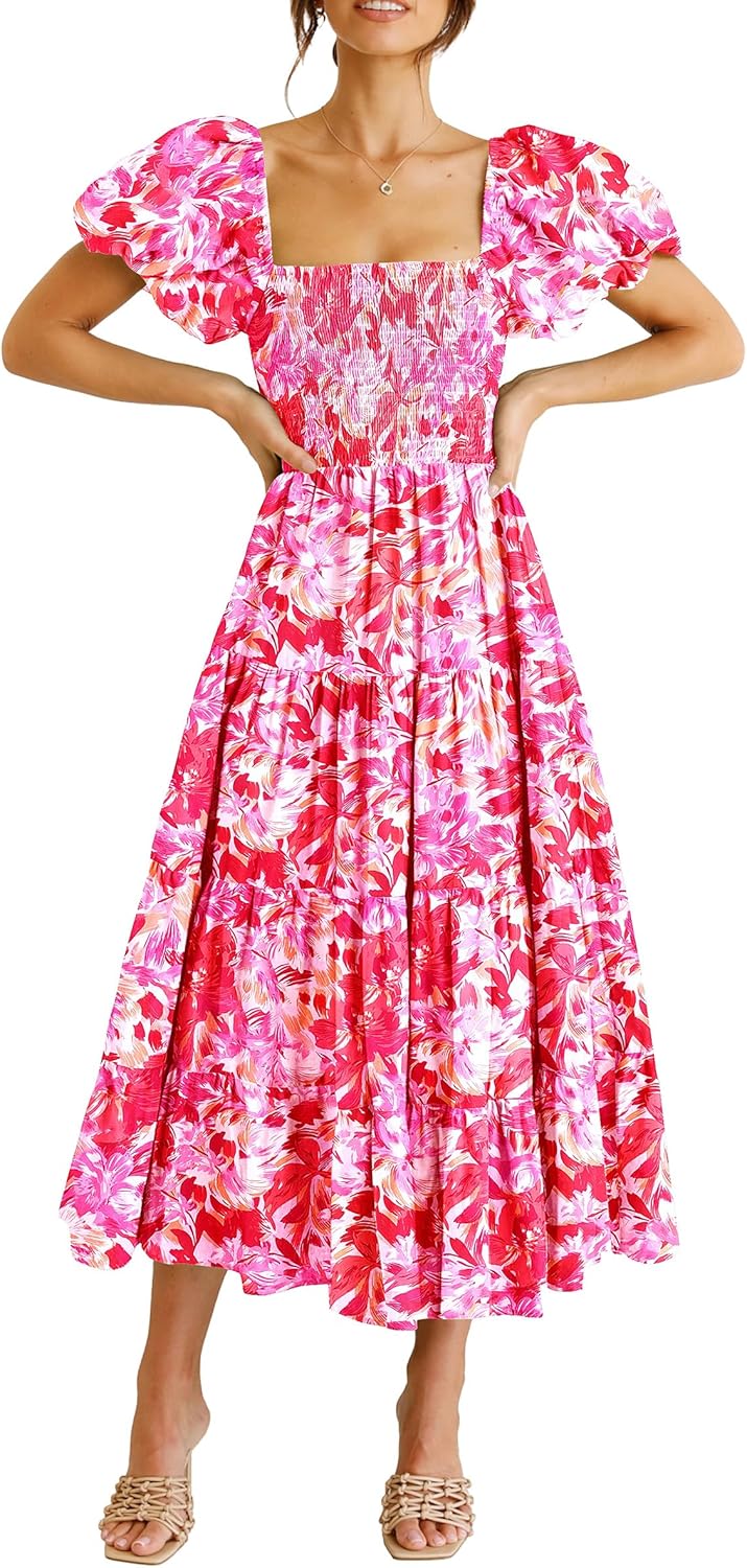Juanna Midi Dress for Women Summer – Square Neck Smocked Dress with Puff Sleeves & Ruffles