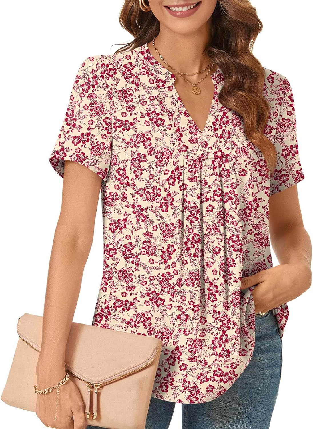 Camille Blouse Femme – Haut en Mousseline à Col V et Plis Élégants