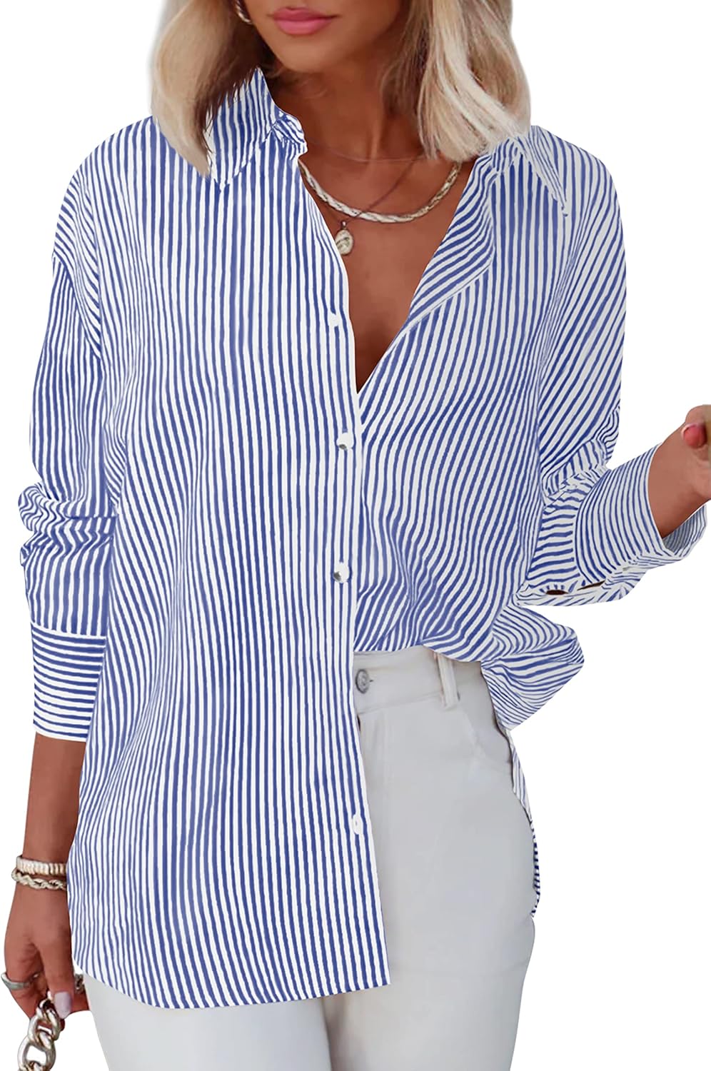 Élise Camisa Mulher – Blusa às Riscas com Decote em V, Mangas Compridas e Botões Elegante