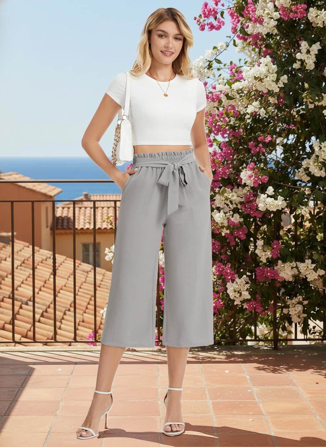 Juliette Pantalon 7/8 Femme – Pantalon Large Fluide Taille Élastique avec Ceinture