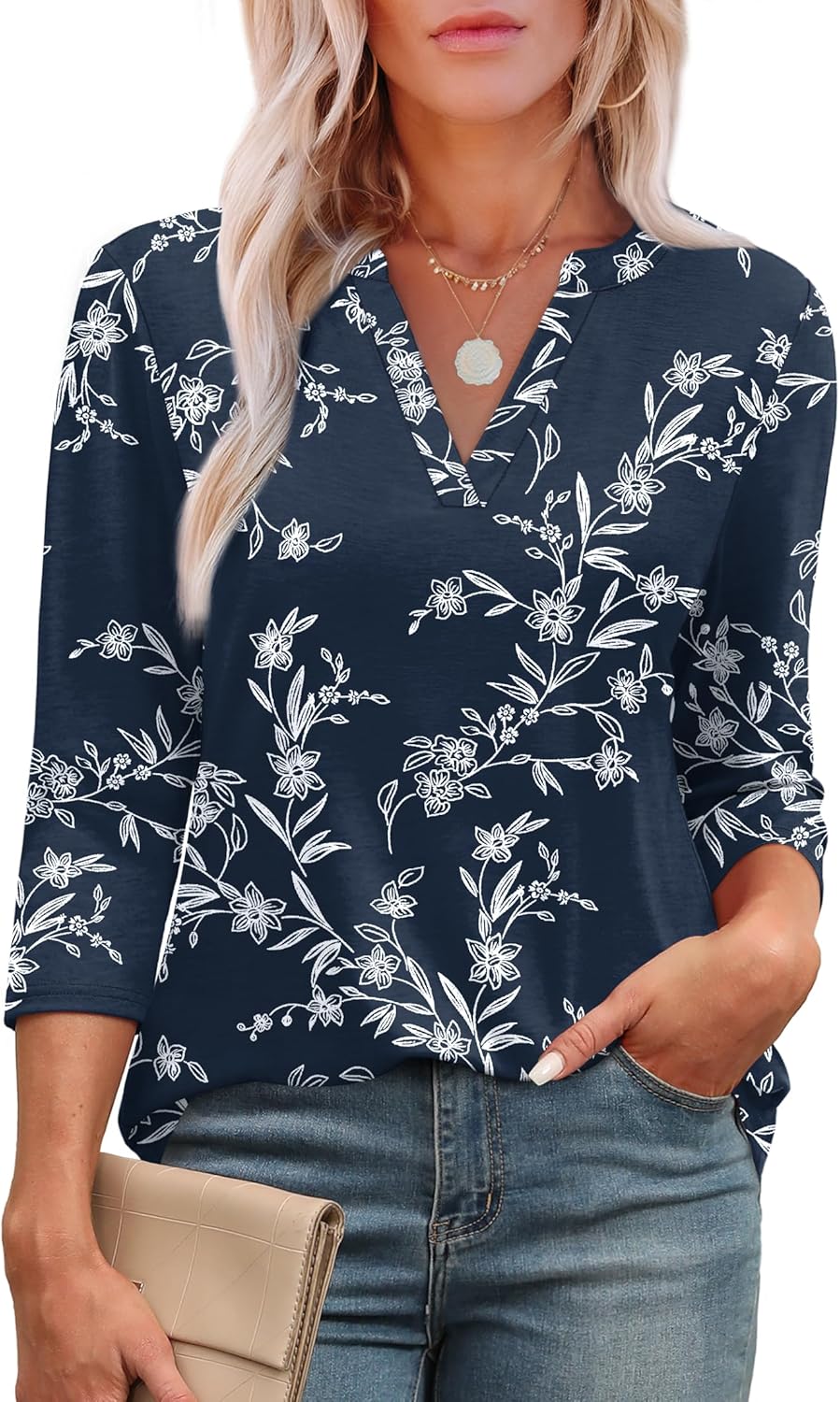 Lina Bluse Dame – Top med 3/4 ærmer, V-hals, elegant og flydende tunika