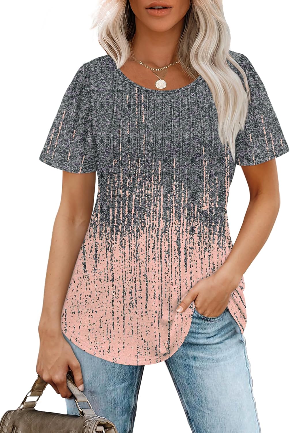 T-shirt Sophie Mulher – Top Plissado Gola Redonda Mangas Curtas Elegante Túnica