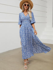 Robe Joyce Mulher Boémia Floral – Decote V Cruzado, Midi Fluido, Mangas de Verão