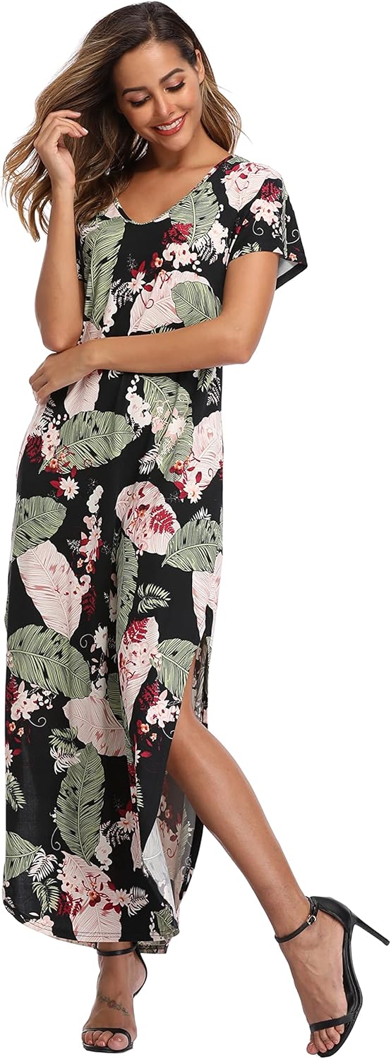 Sophie Maxi-mekko Naisille – Kukallinen Mekko Halkiolla Lyhyet Hihat Taskuilla Kesä