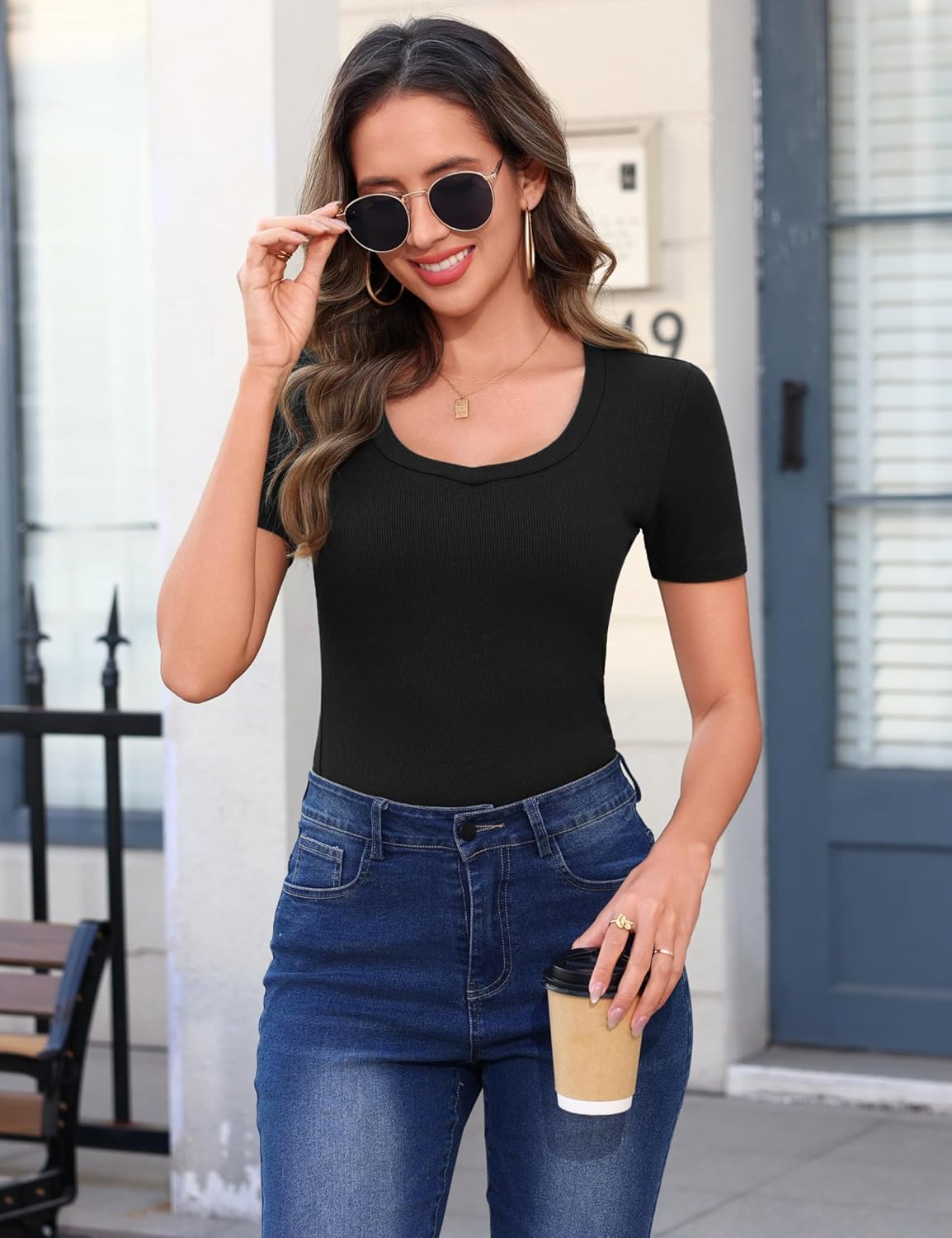 Sherry T-Shirt Femme Col V – Coupe Slim Côtelée Stretch, Manches Courtes Été