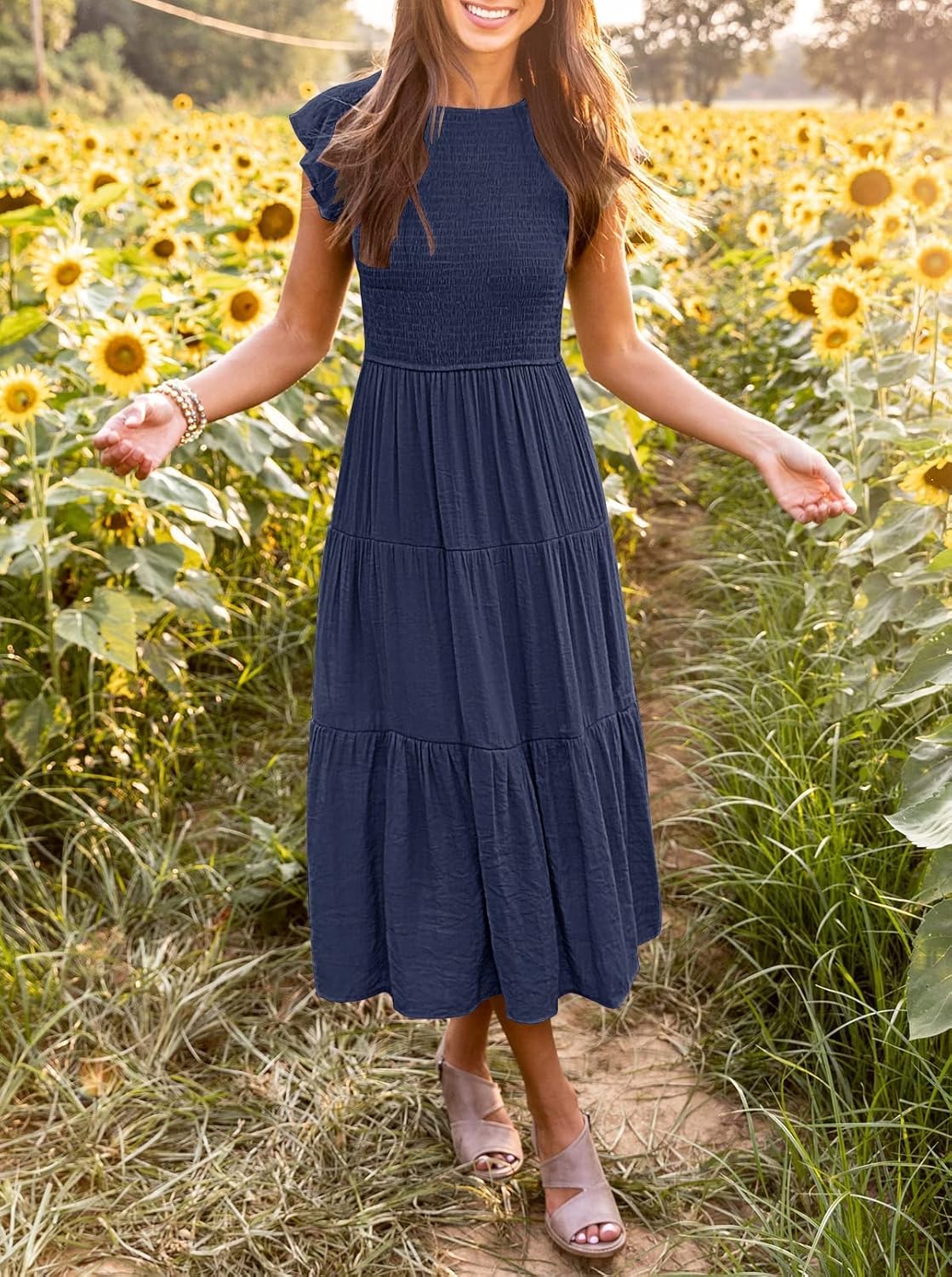 Louise Robe Midi Femme – Robe Été Smockée Manches Volantes Coupe A-Line Élégante