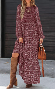 Sophie Robe Maxi Femme – Robe Fleurie Smockée Manches Longues Bohème Élégante