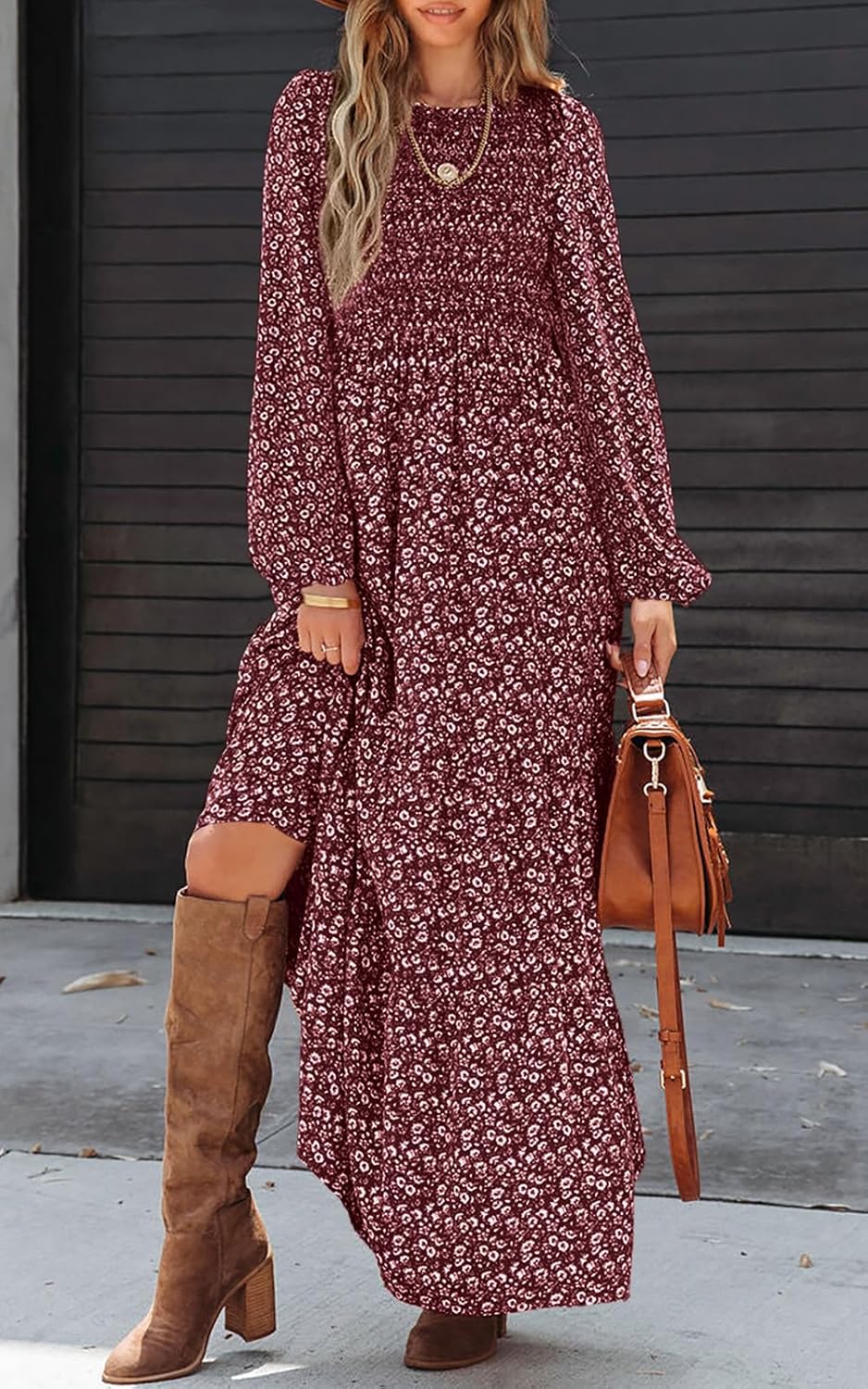 Sophie Robe Maxi Femme – Robe Fleurie Smockée Manches Longues Bohème Élégante