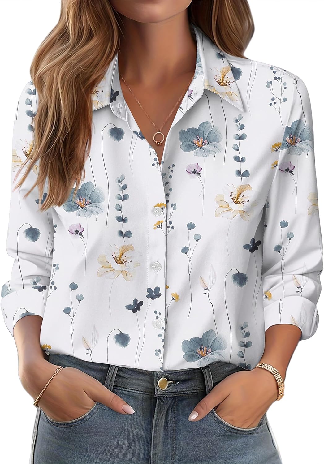 Concha Bluse til Kvinder med Blomster – Lange Ærmer, Knappet, Elegant Løs Pasform