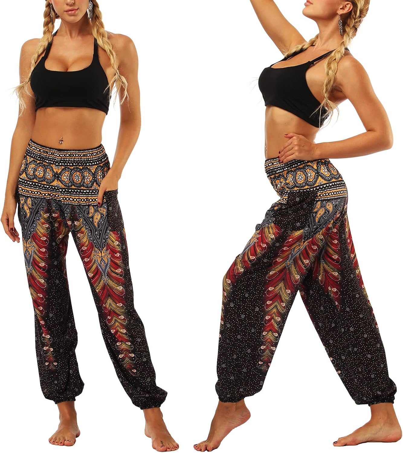 Maya Pantalon Harem Femme Bohème – Pantalon Aladin Taille Smockée avec Poches