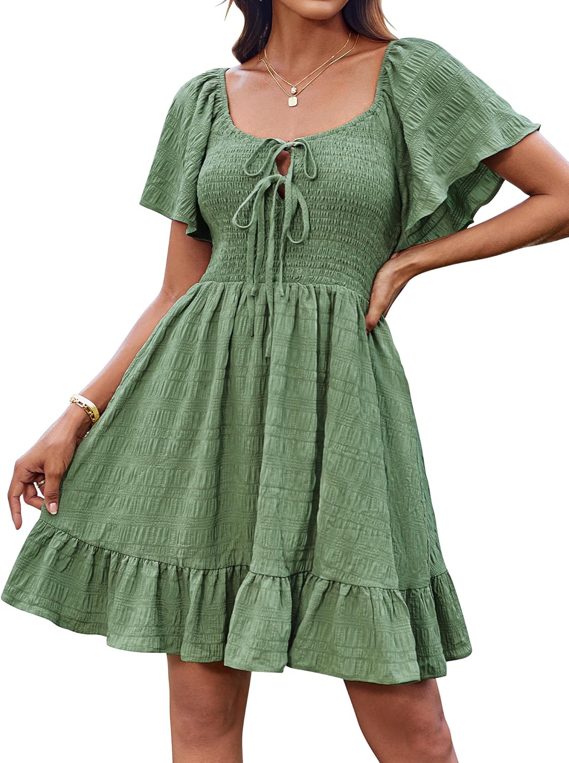 Vestido Mini Volantes Léa – Vestido de Verão Ombros Descobertos Gola Atada Elegante Mulher