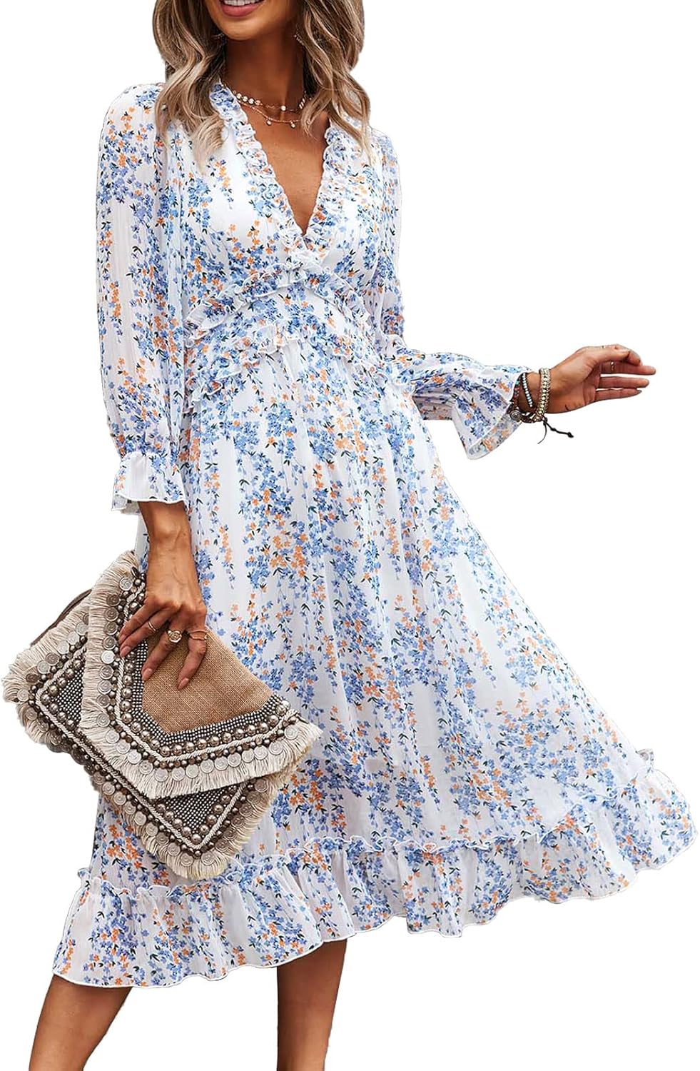 Dámský květovaný župan Alexa – výstřih do V, dlouhé rukávy, elegantní volný střih na volný čas