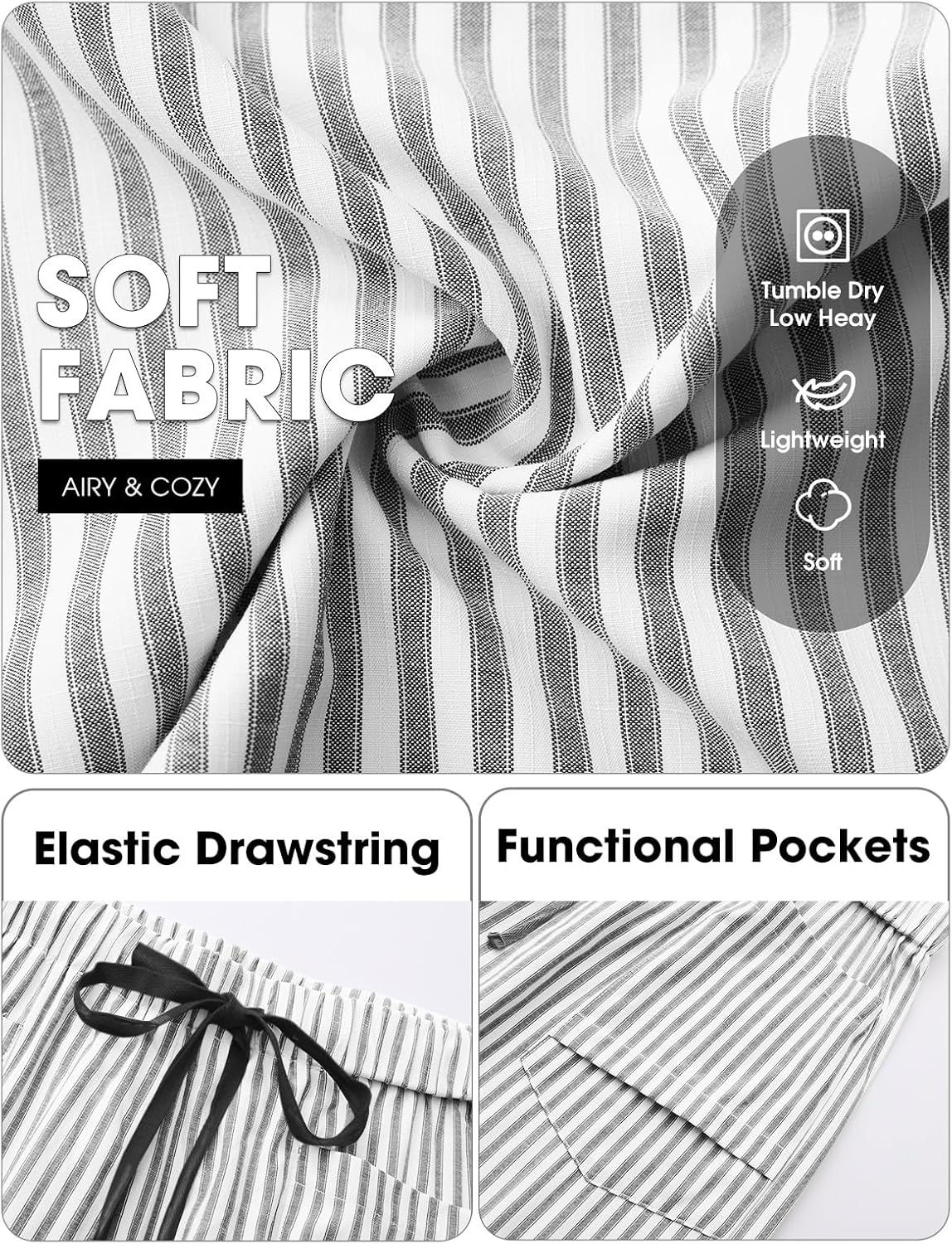 Laura Pantalon Femme Lin Rayé – Coupe Large Capri, Taille Élastique, Léger Été