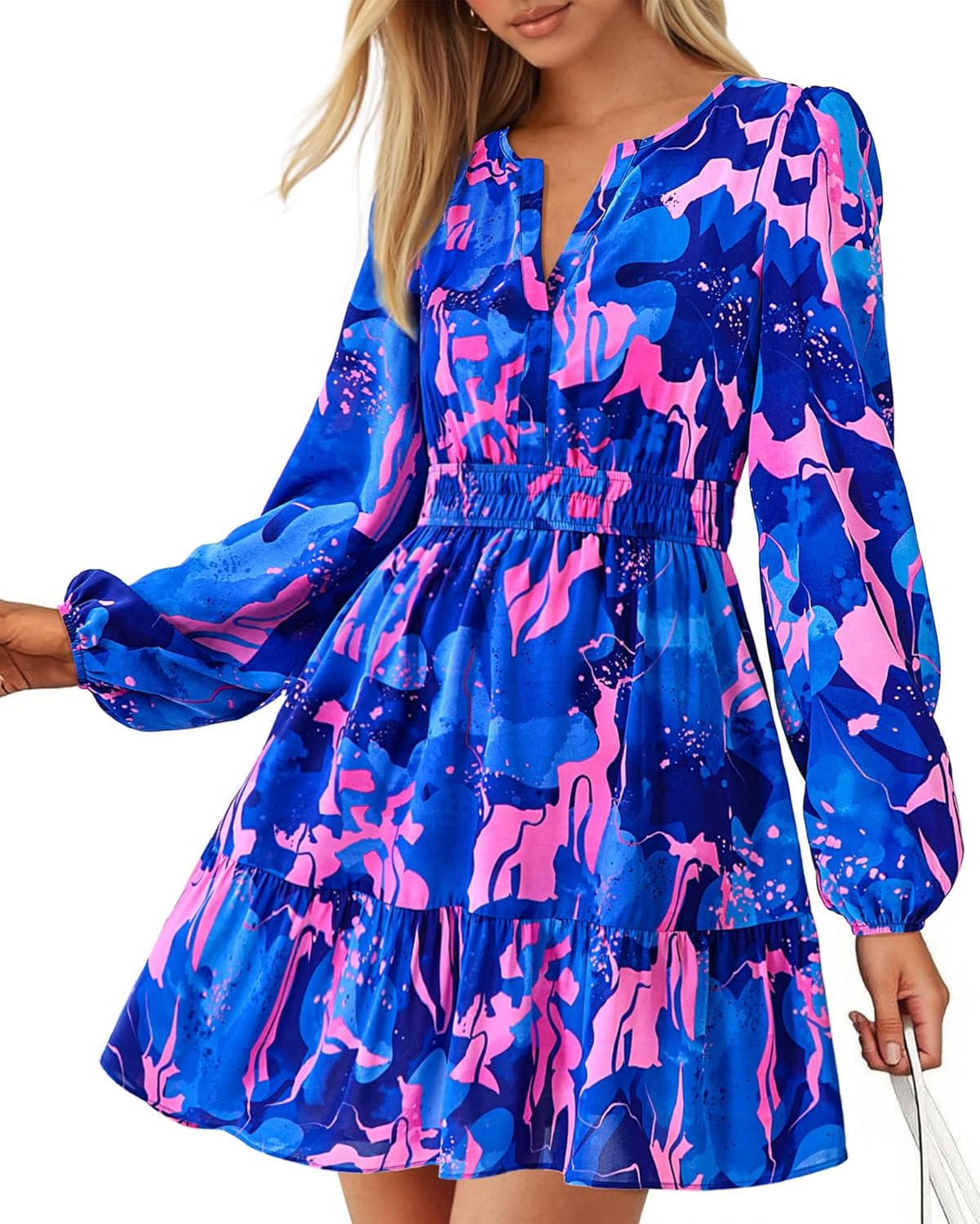 Adela Kurzes Boho-Damenkleid – Blumenkleid mit V-Ausschnitt, Langärmlig und Elastischem Bund