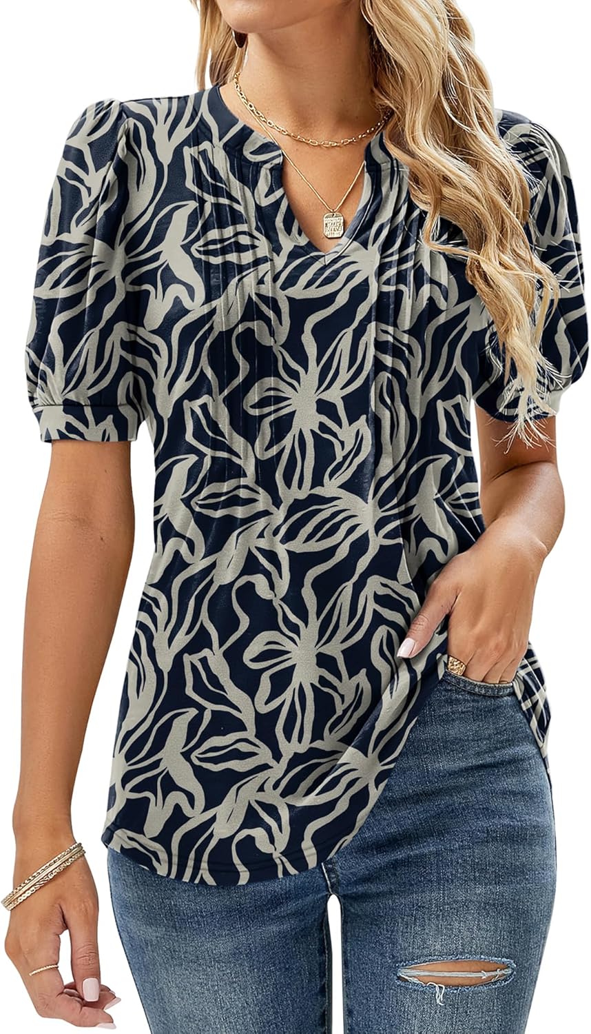 Sofia Haut Femme Col V – T-shirt Fluide Imprimé Floral avec Manches Bouffantes et Détails Plissés