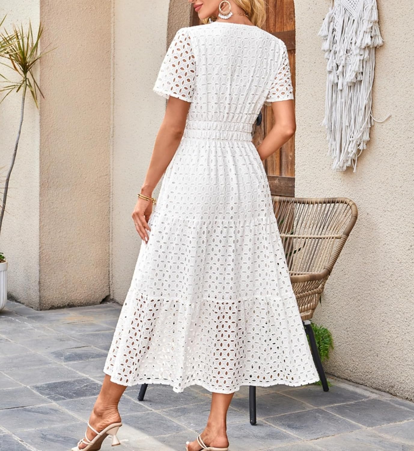 Clara Robe Femme – Robe Maxi Broderie Anglaise Col V Taille Haute Bohème Été