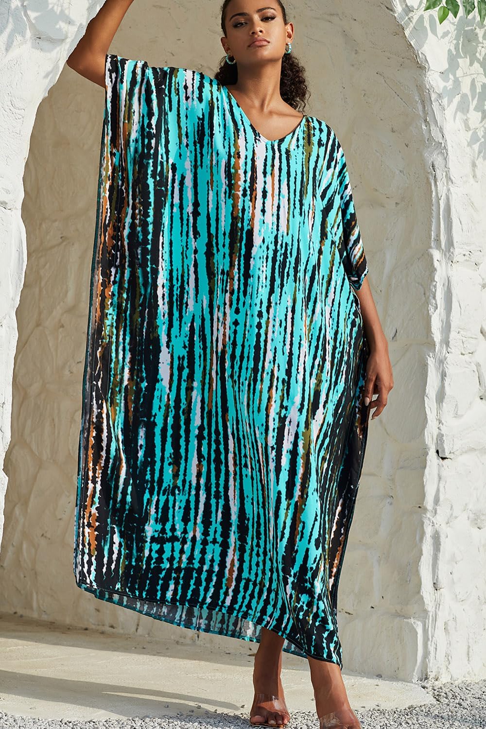 Isla Robe Femme – Caftan Maxi Bohème Col V Imprimé Fluide Plage Été