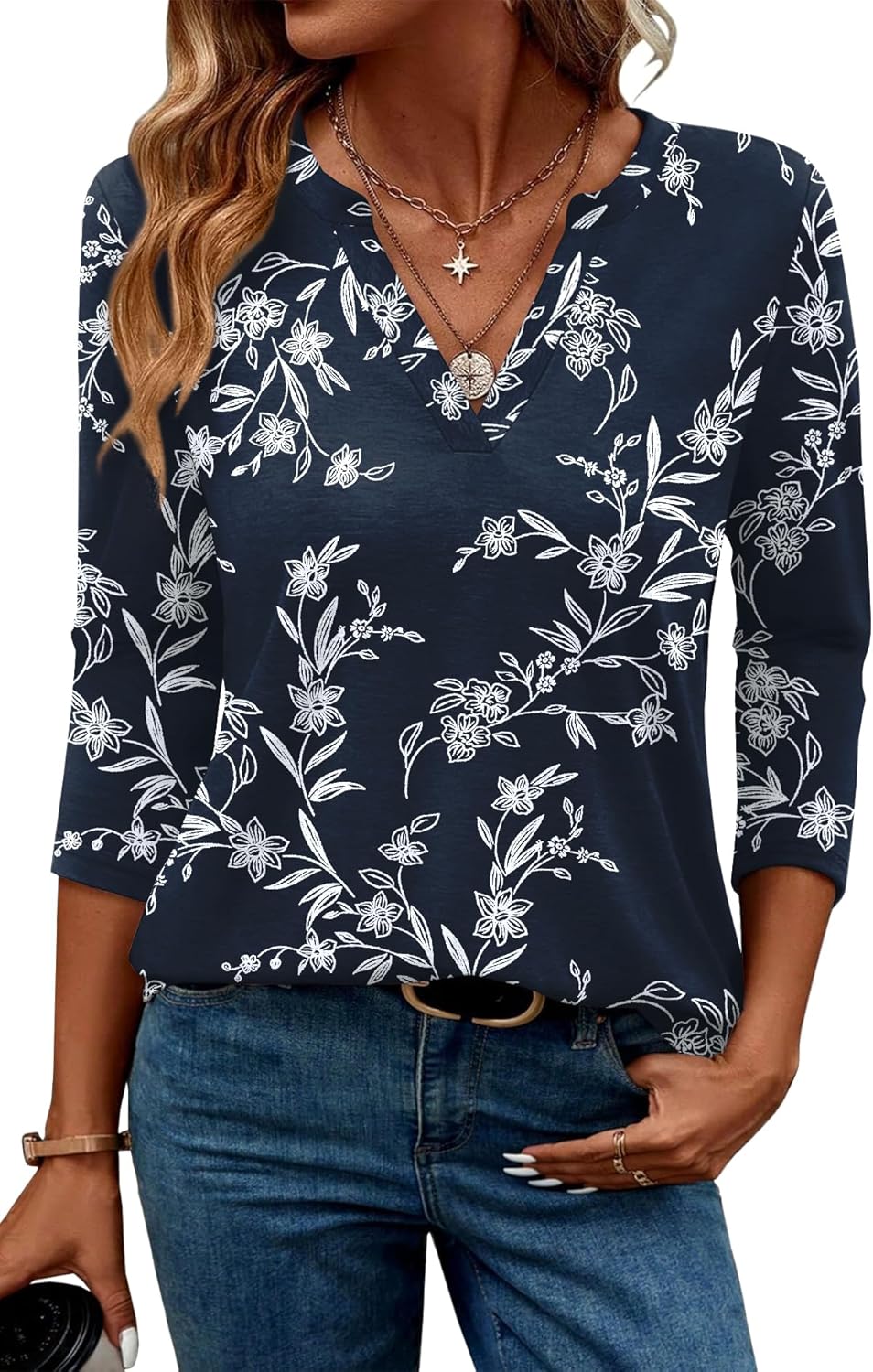 Lina Bluse Dame – Top med 3/4 ærmer, V-hals, elegant og flydende tunika