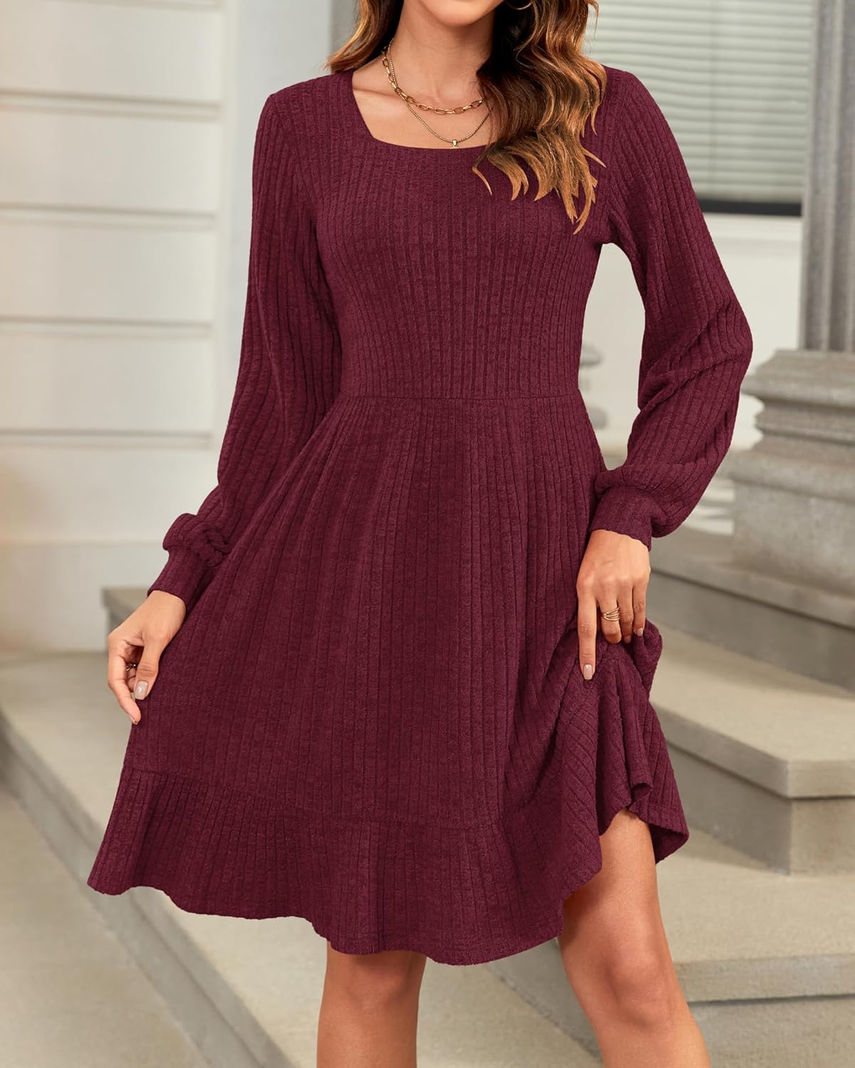 Élise Robe Pull Femme – Robe Maille Col Carré Manches Longues Automne Hiver