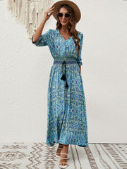 Vestido Liezl para mujer bohemio con flores – escote en V cruzado, midi fluido, mangas 3/4