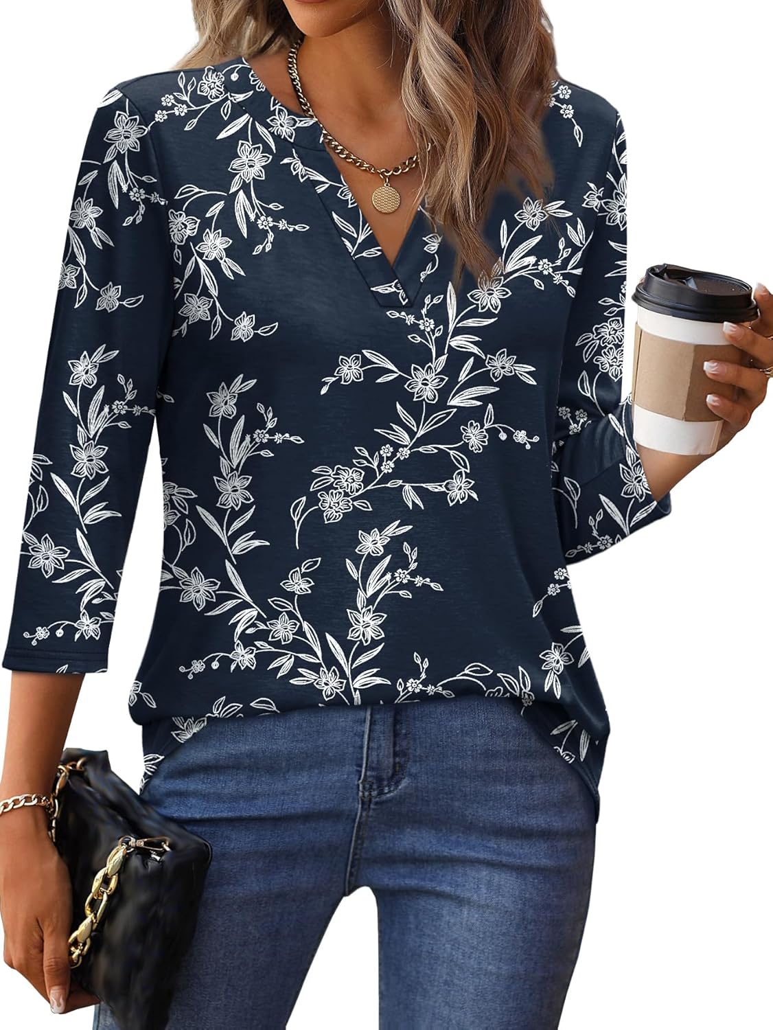 Lina Bluse Dame – Top med 3/4 ærmer, V-hals, elegant og flydende tunika