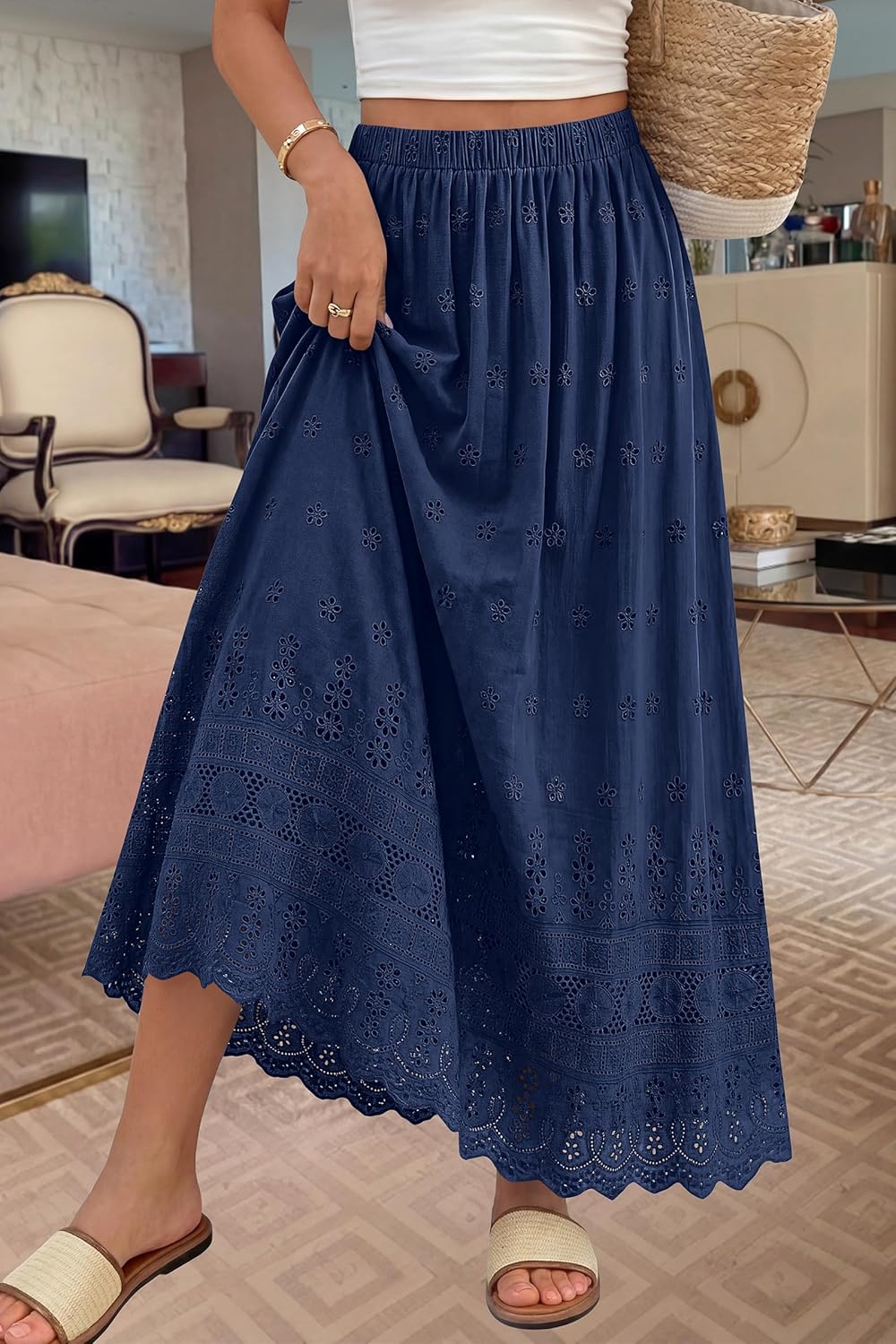 Marie Dowerme Falda Maxi Mujer – Cintura Alta Elástica, Algodón Bordado Bohemio Línea A