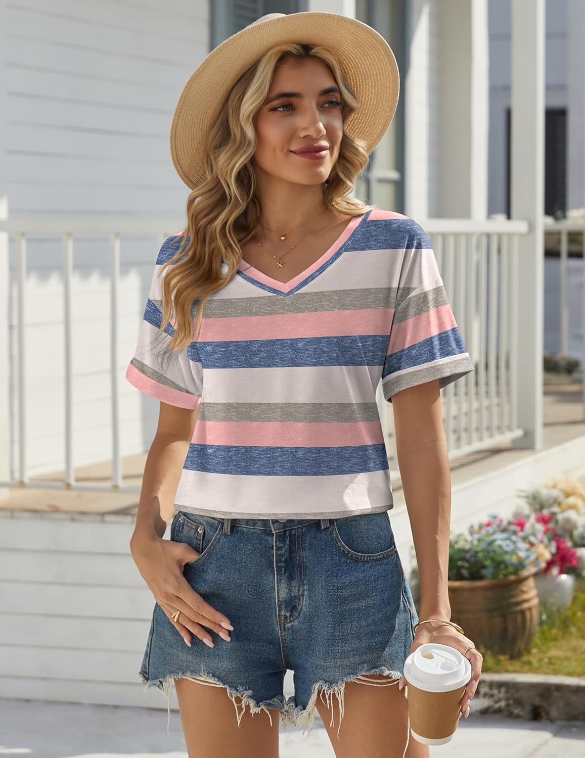 Camelia Women's V-Neck T-Shirt – Short Sleeves, Loose Fit, Lightweight Stretch Summer