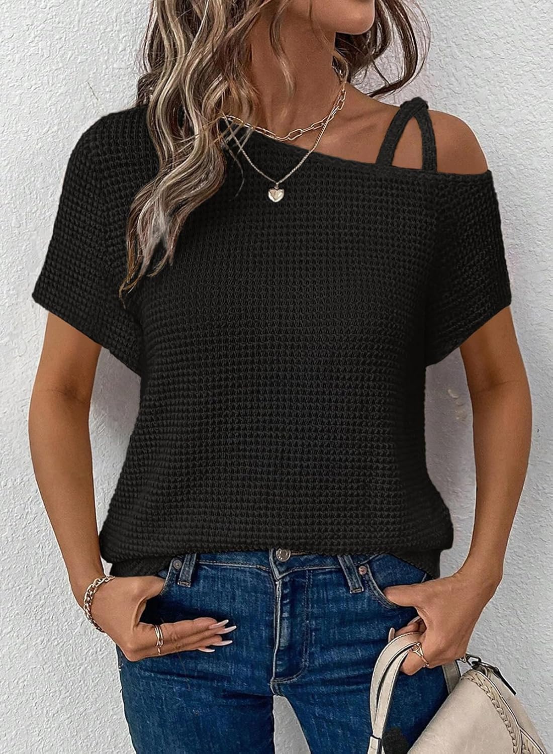 Dorothea top til kvinder med bare skuldre – T-shirt med vaffelmønster og krydsede stropper