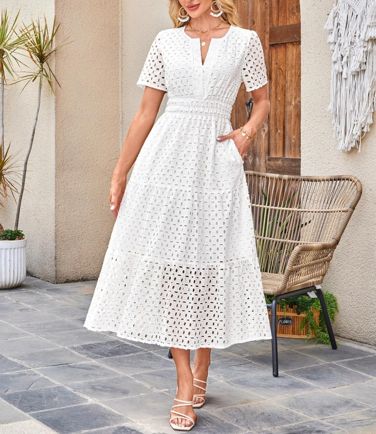 Clara Robe Femme – Robe Maxi Broderie Anglaise Col V Taille Haute Bohème Été