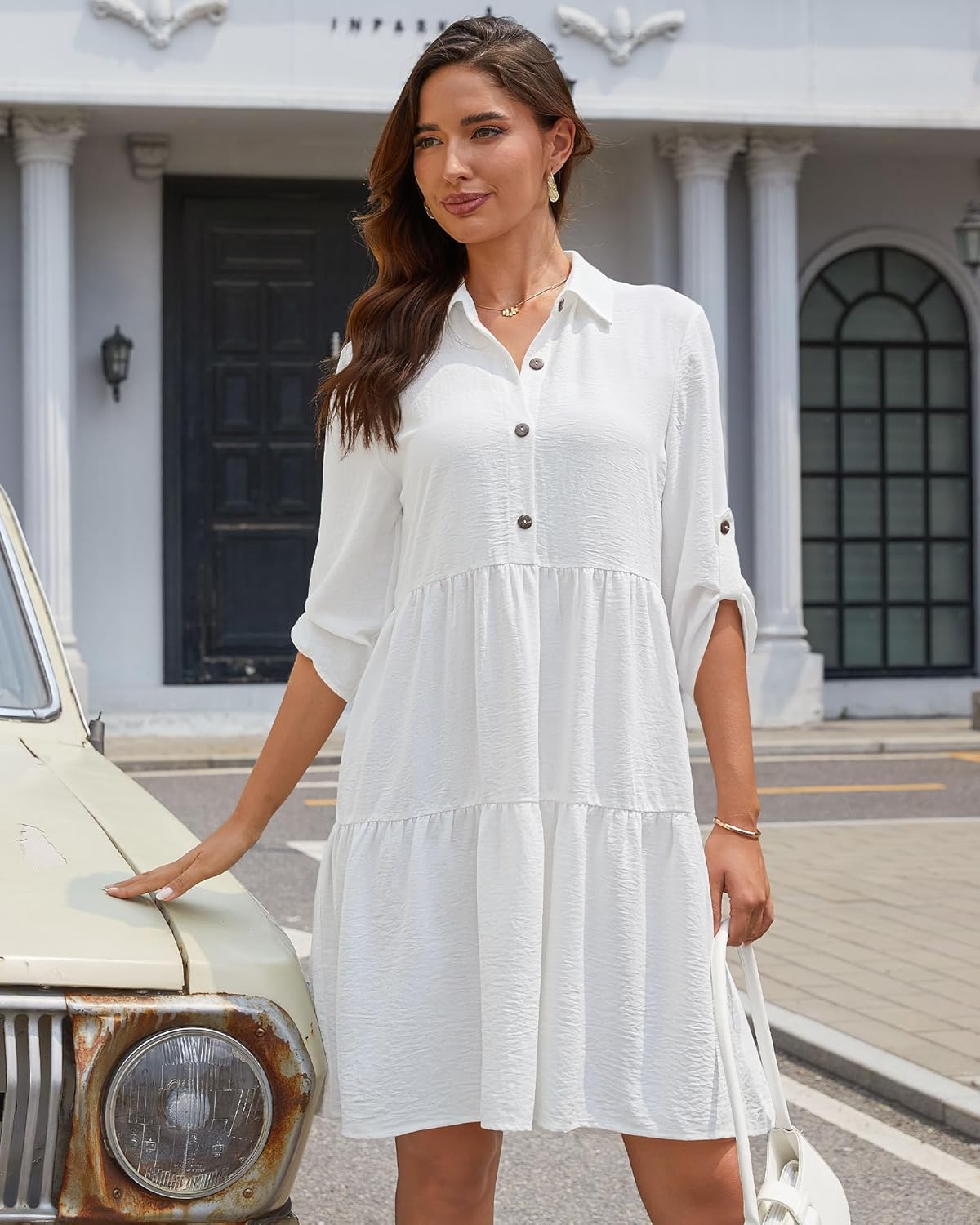 Léa Vestito Camicia Donna – Vestito A-Line con Volant, Bottoni, Maniche 3/4, Estate