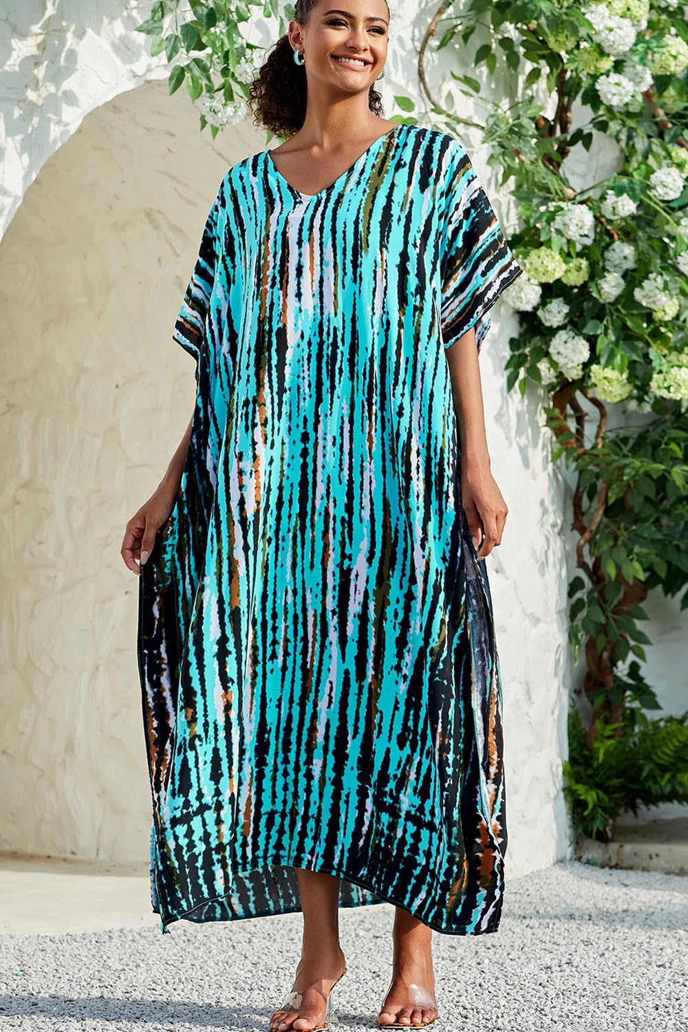 Isla Robe Femme – Caftan Maxi Bohème Col V Imprimé Fluide Plage Été