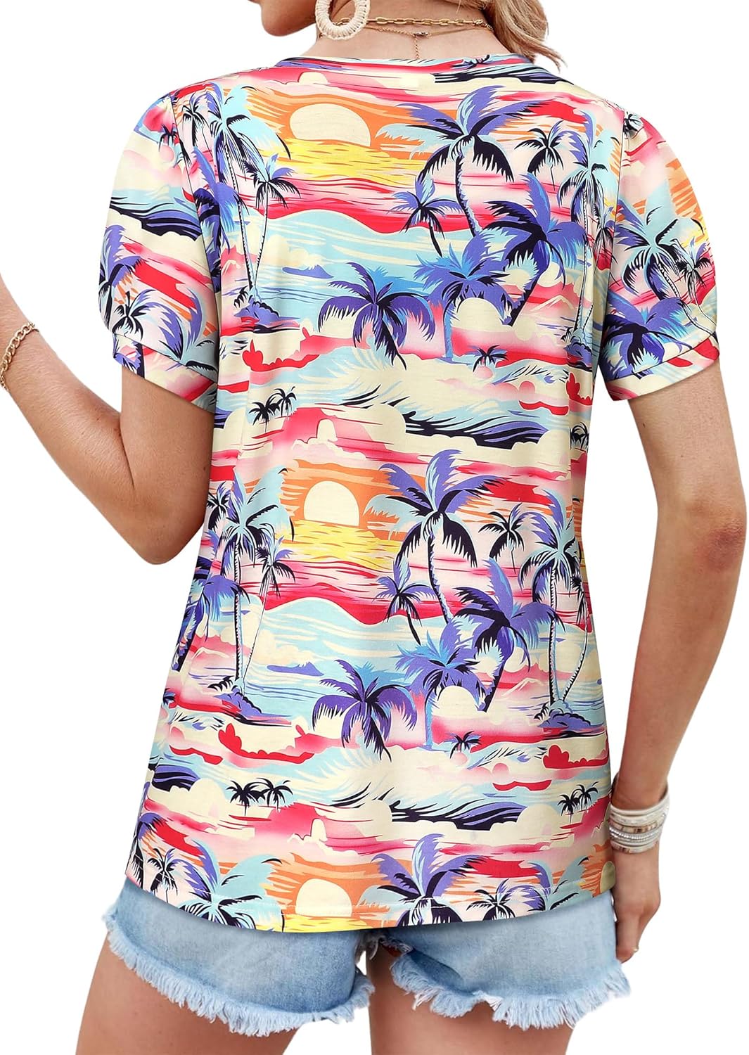 Blusa Aloha Feminina – T-shirt Floral Tropical com Decote em V e Mangas Bufantes