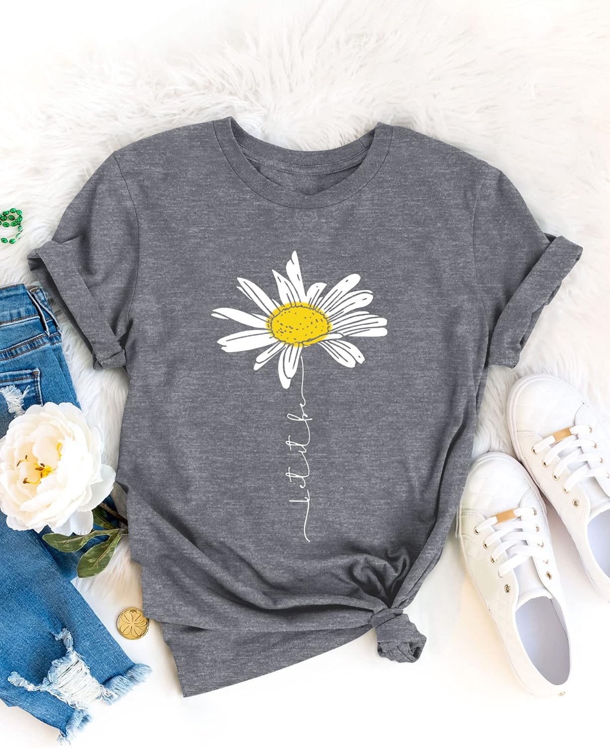 T-shirt Lily Γυναικείο Μαργαρίτα – Τύπωμα Τοπ “Let It Be”, Στρογγυλή Λαιμόκοψη, Κοντά Μανίκια Καλοκαίρι