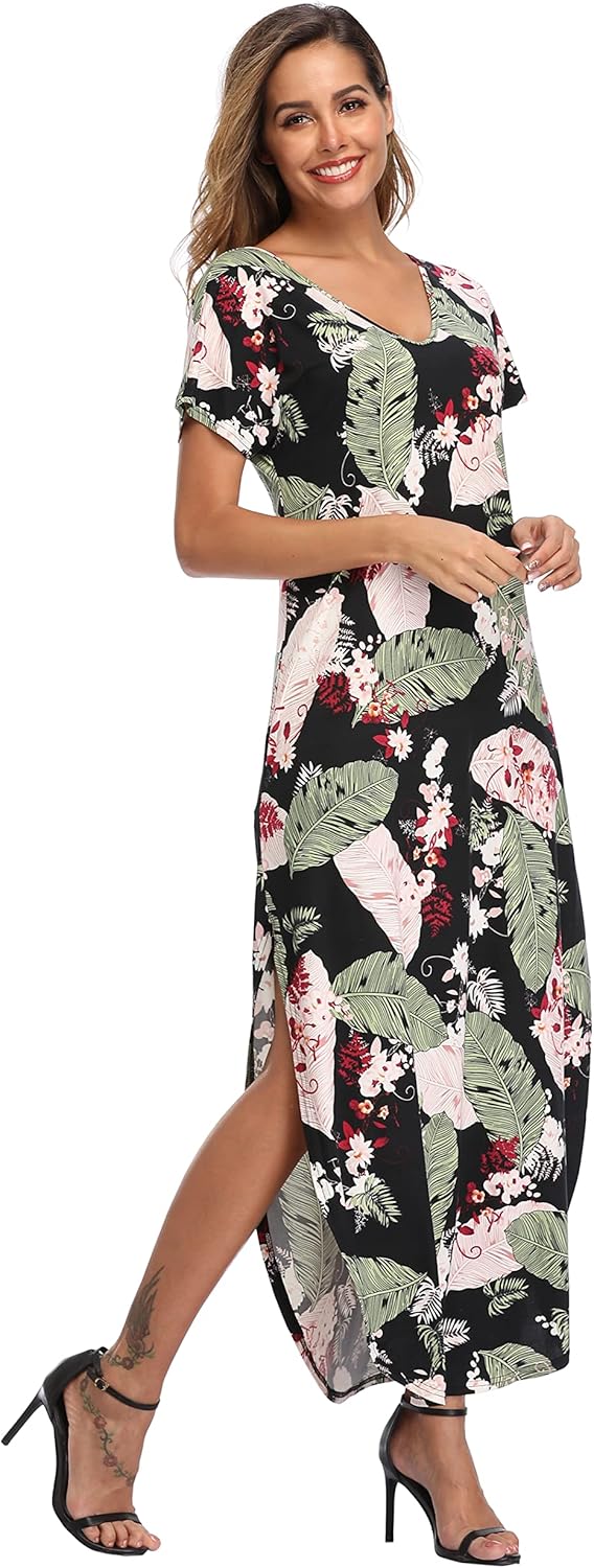 Sophie Maxi-mekko Naisille – Kukallinen Mekko Halkiolla Lyhyet Hihat Taskuilla Kesä