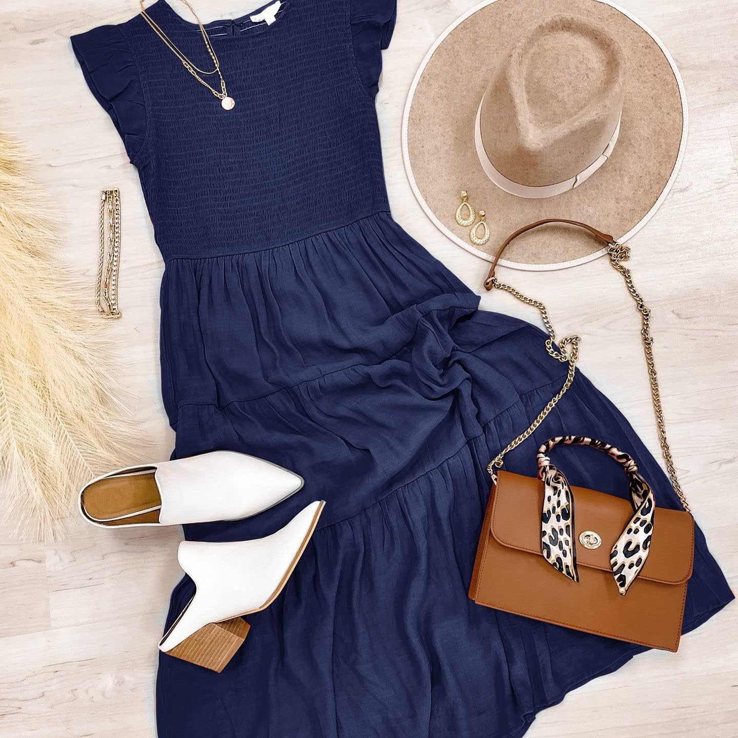 Louise Robe Midi Femme – Robe Été Smockée Manches Volantes Coupe A-Line Élégante