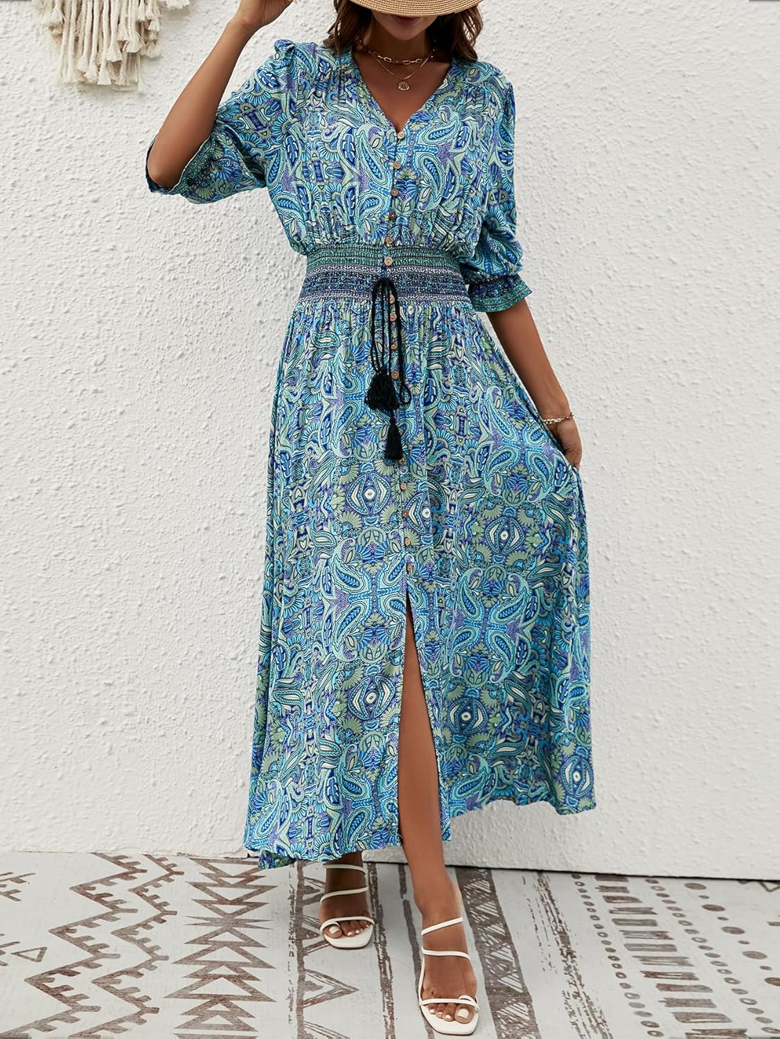 Vestido Liezl para mujer bohemio con flores – escote en V cruzado, midi fluido, mangas 3/4