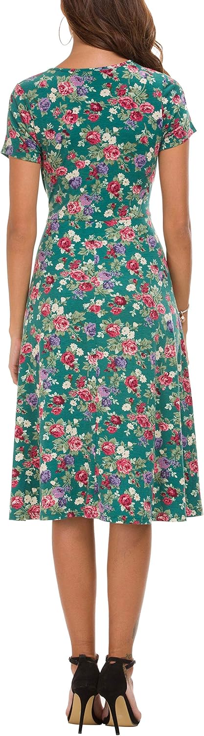 Léonie Midikleid mit Blumenmuster Damen – Ausgestelltes Kleid mit kurzen Ärmeln und Rundhalsausschnitt für den Sommer