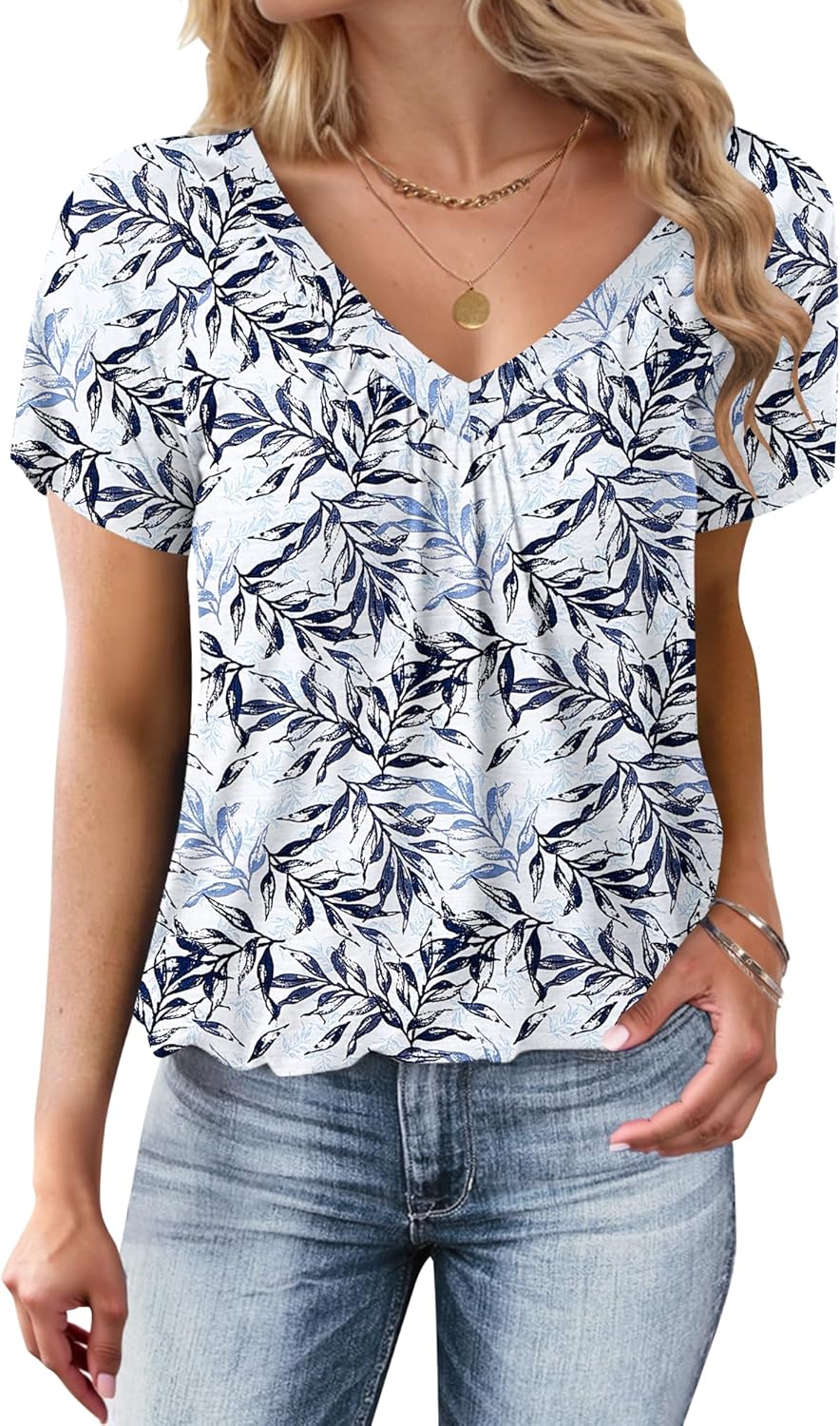 Emma T-Shirt Femme – Haut Fluide à Col V et Détails Plissés