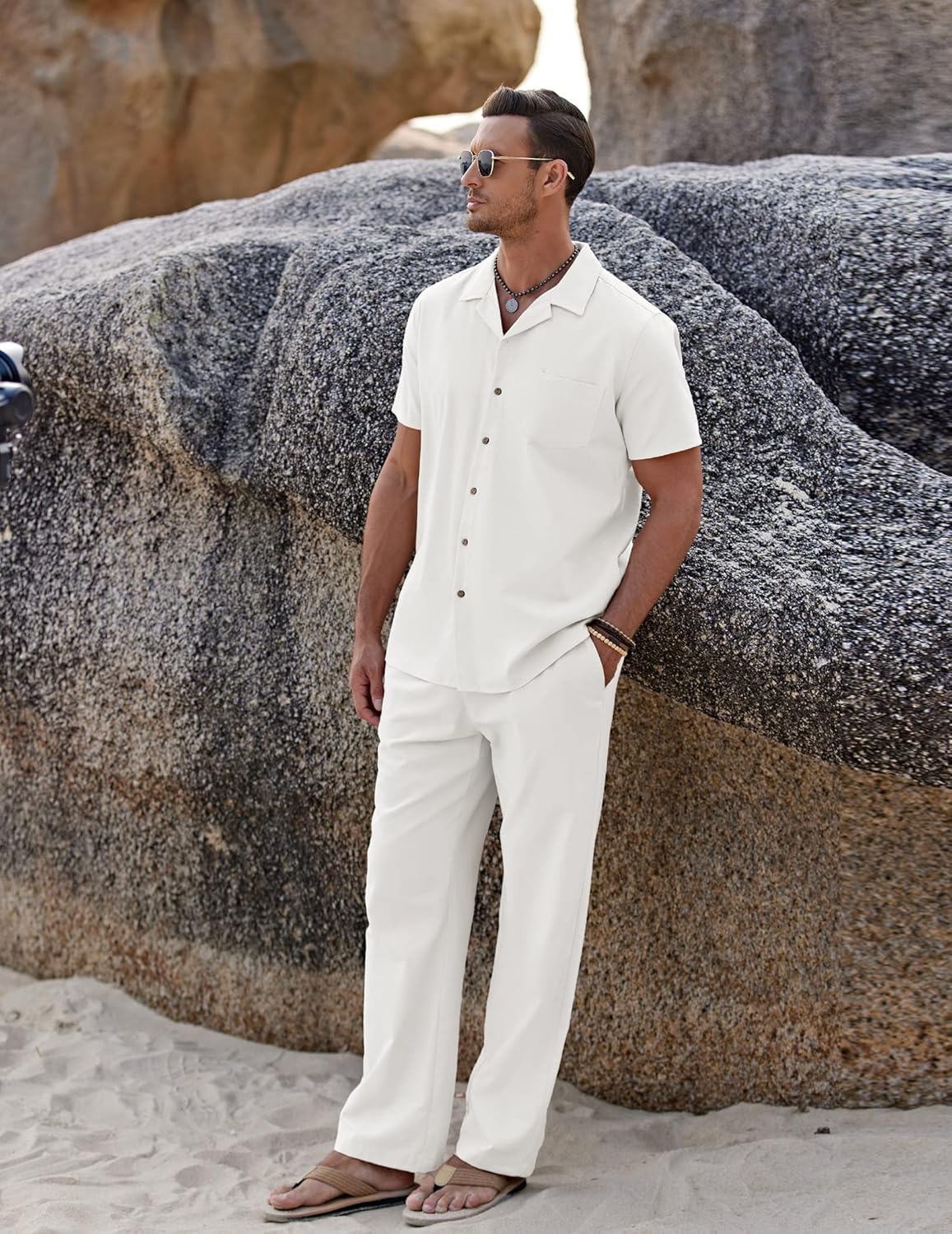 Oliver Ensemble Homme Été – Chemise Lin Col Cubain & Pantalon Décontracté