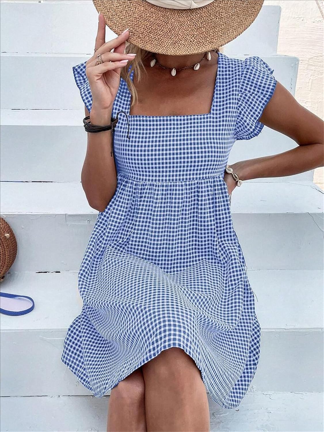 Lily Women's Robe – Midi Plaid Dress with Square Neck, Smocked, Ruffles, A-Line Summer Dress