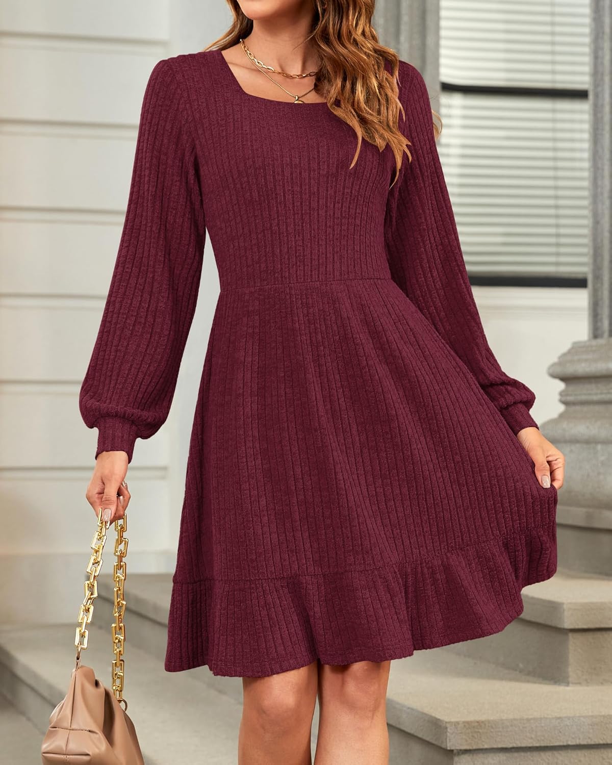 Élise Robe Pull Femme – Robe Maille Col Carré Manches Longues Automne Hiver