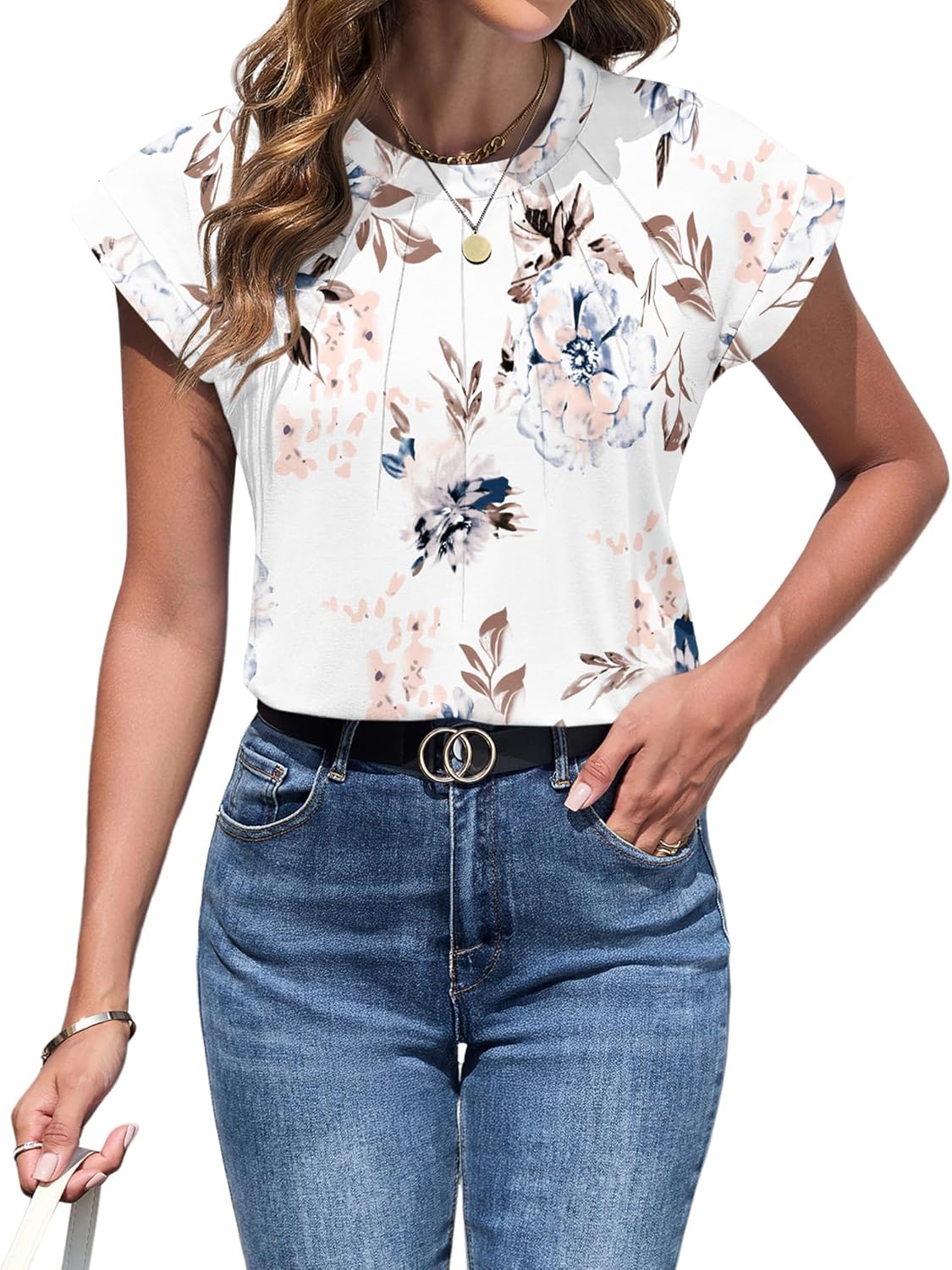 Lima Top Mulher Gola Redonda – Mangas Cap, Plissado Elegante, Corte Fluido Verão