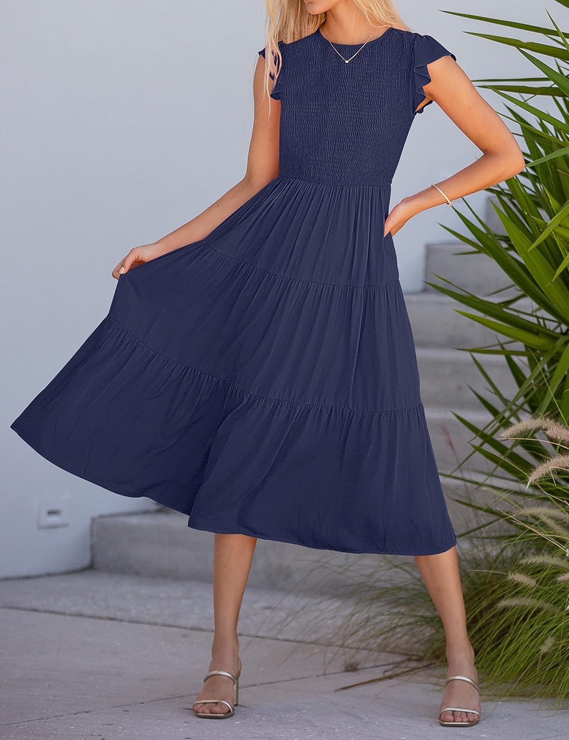 Louise Robe Midi Femme – Robe Été Smockée Manches Volantes Coupe A-Line Élégante
