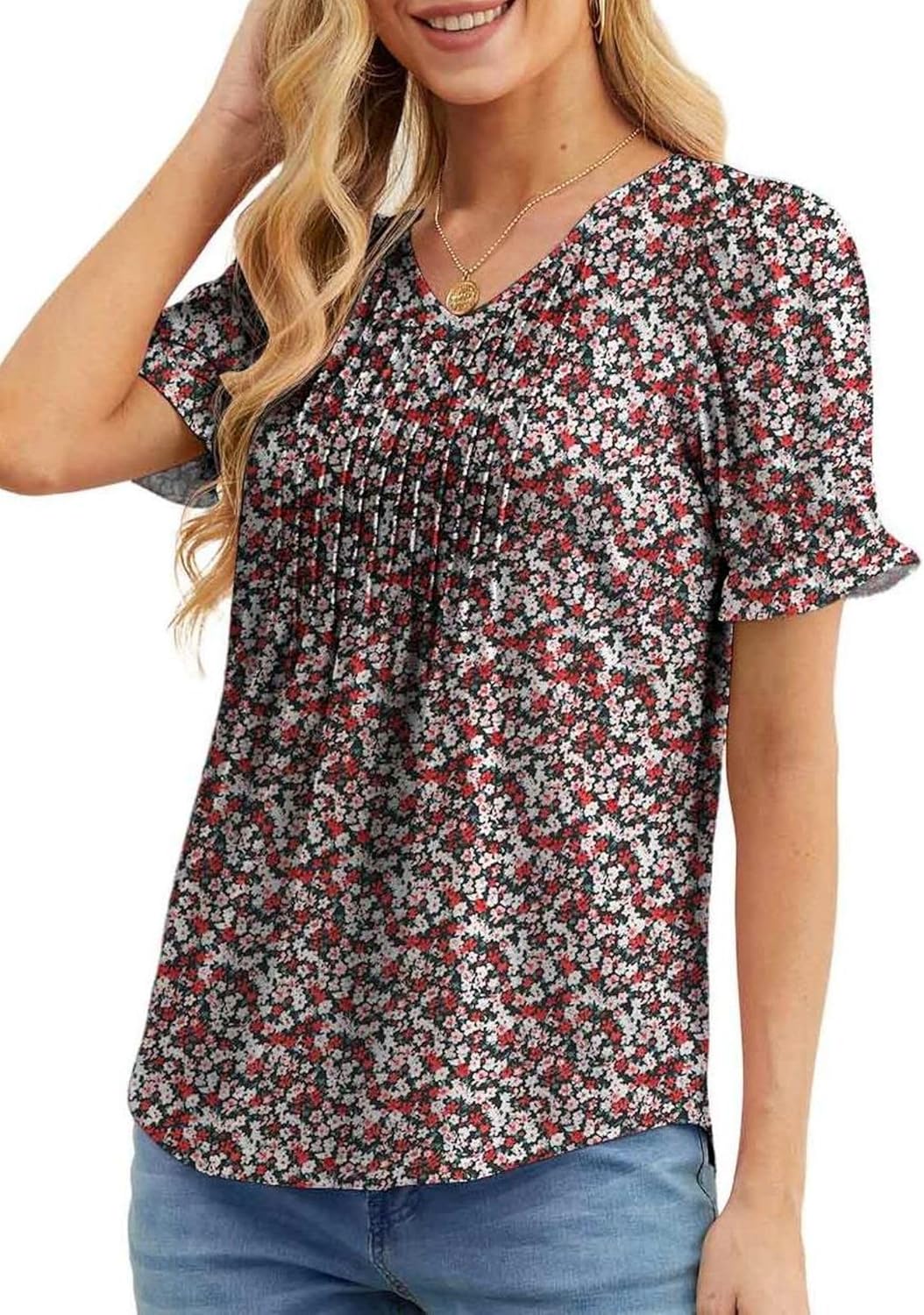 Amélie Blouse Femme Col V – Haut Plissé à Manches Volantées Élégant