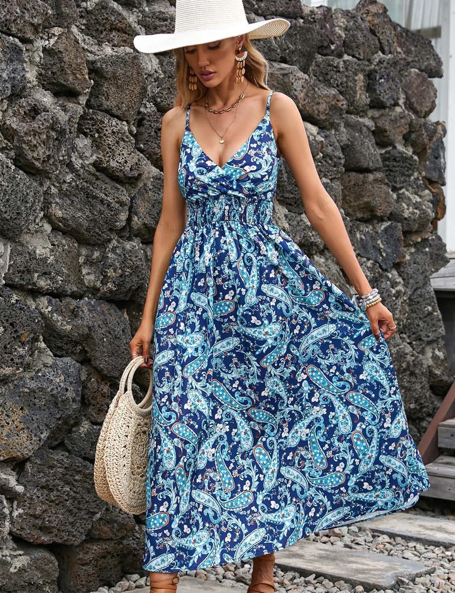 Léa Robe Été Femme – Robe Bohème Fleurie Bretelles Col V Élégante Plage