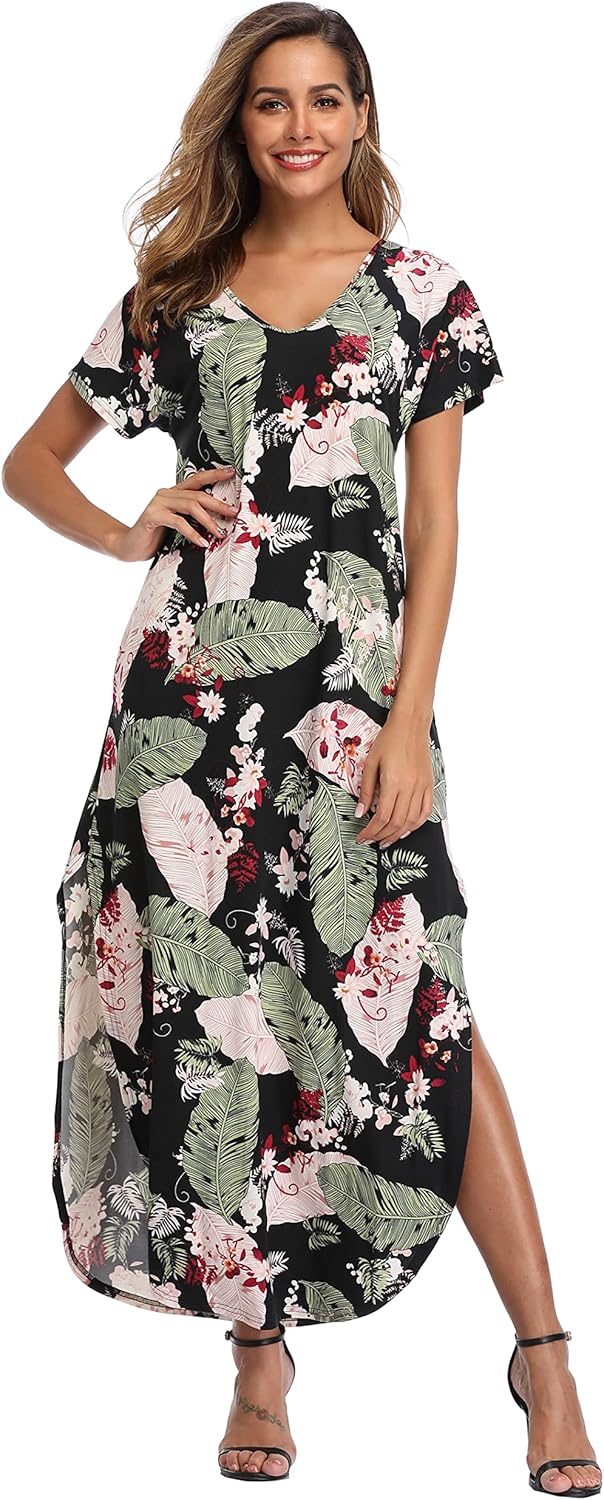 Sophie Maxi-mekko Naisille – Kukallinen Mekko Halkiolla Lyhyet Hihat Taskuilla Kesä