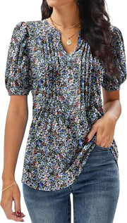 Top Élise Feminino Floral – Blusa com Decote em V Plissada e Mangas com Folhos Elegante