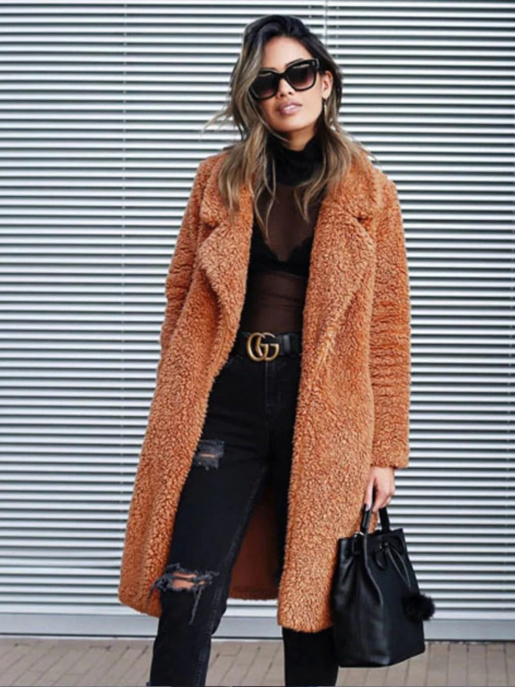 Mila Manteau Teddy Femme Long Oversize – Manteau d’Hiver Doux avec Col Revers Élégant